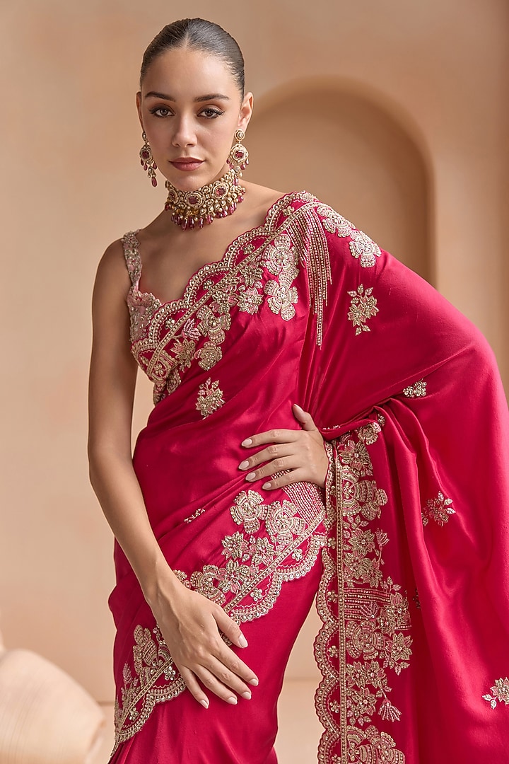 Chilly Red Mulberry Silk Zardosi Embroidered Reception Saree Set by OSAA By Adarsh at Pernia's Pop Up Shop