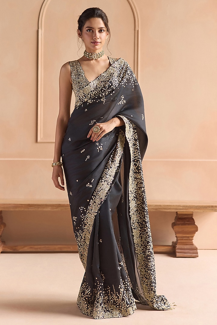 Black Organza Zardosi Embroidered Reception Saree Set by OSAA By Adarsh at Pernia's Pop Up Shop