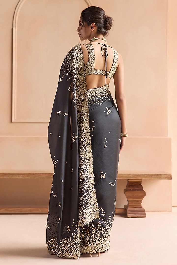Black Organza Zardosi Embroidered Reception Saree Set by OSAA By Adarsh at Pernia's Pop Up Shop