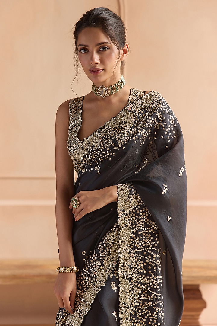 Black Organza Zardosi Embroidered Reception Saree Set by OSAA By Adarsh at Pernia's Pop Up Shop
