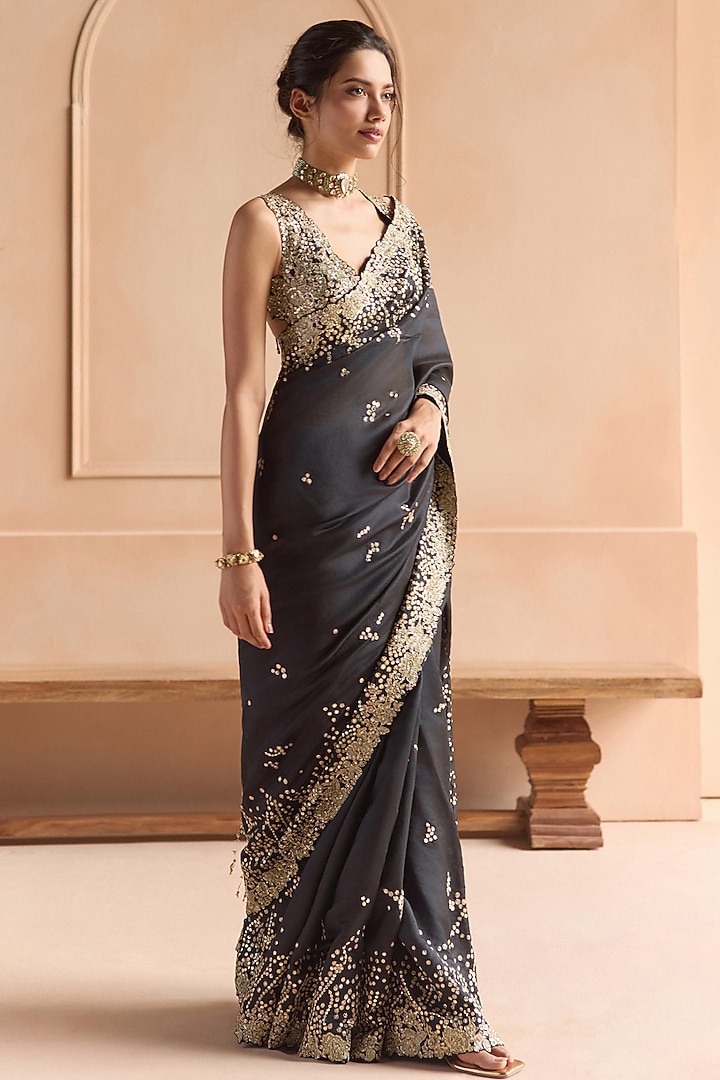 Black Organza Zardosi Embroidered Reception Saree Set by OSAA By Adarsh at Pernia's Pop Up Shop