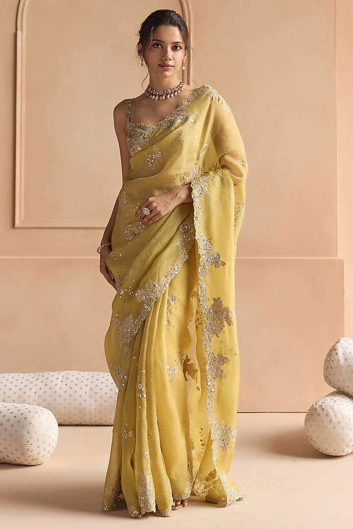 Butter Yellow Organza Zardosi Embroidered Wedding Saree Set by OSAA By Adarsh at Pernia's Pop Up Shop