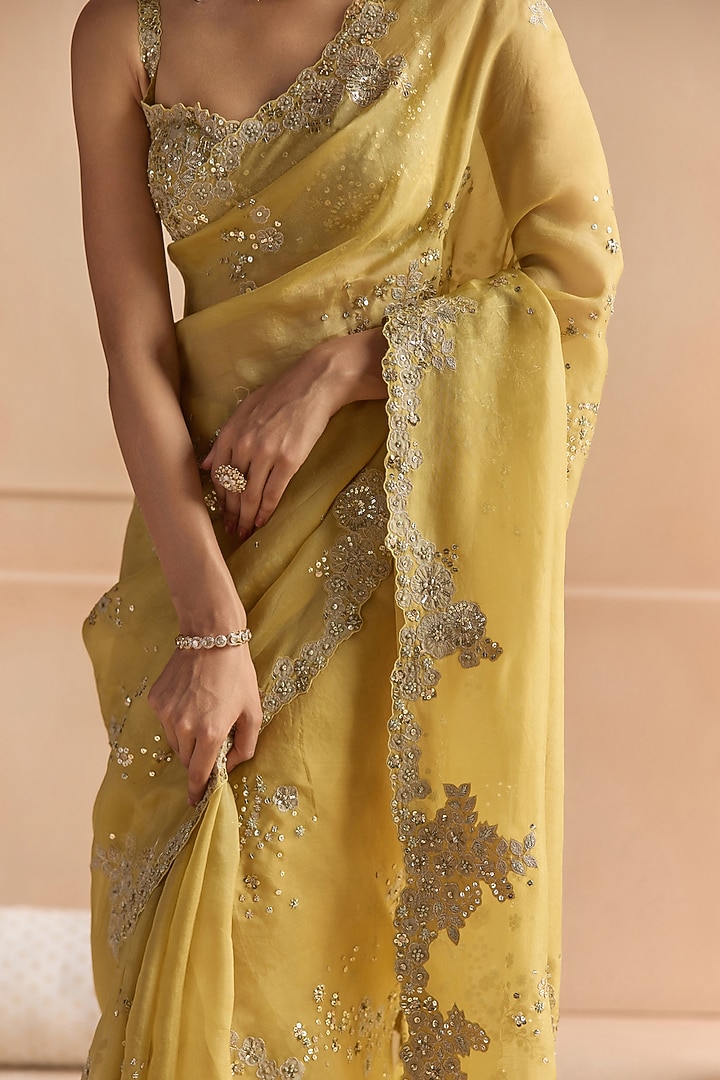 Butter Yellow Organza Zardosi Embroidered Wedding Saree Set by OSAA By Adarsh at Pernia's Pop Up Shop