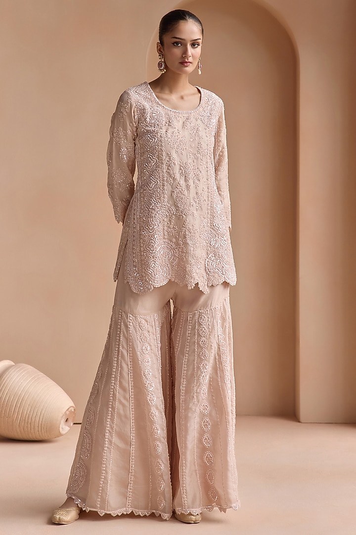 Peach Organza Bridal Sharara Set by OSAA By Adarsh at Pernia's Pop Up Shop