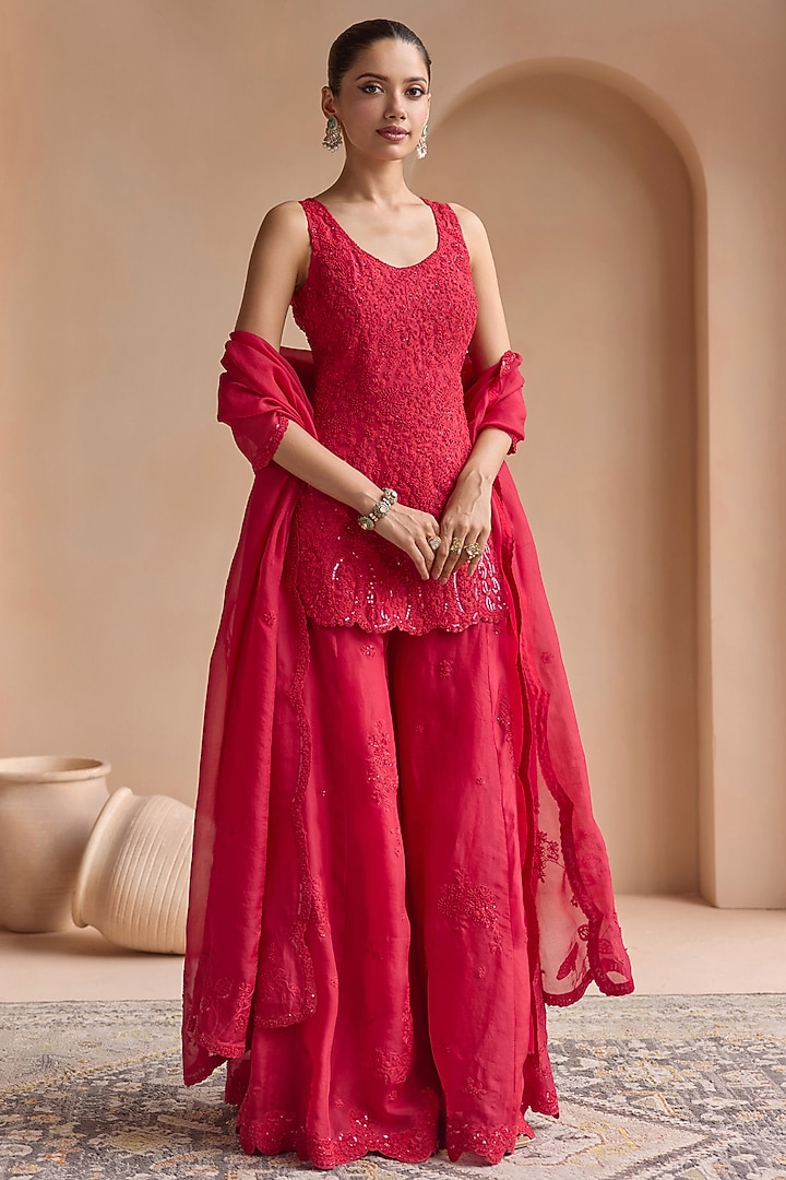 Rosewood Red Organza Bridal Sharara Set by OSAA By Adarsh at Pernia's Pop Up Shop