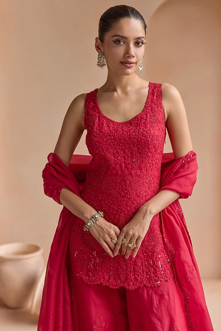 Rosewood Red Organza Bridal Sharara Set by OSAA By Adarsh at Pernia's Pop Up Shop