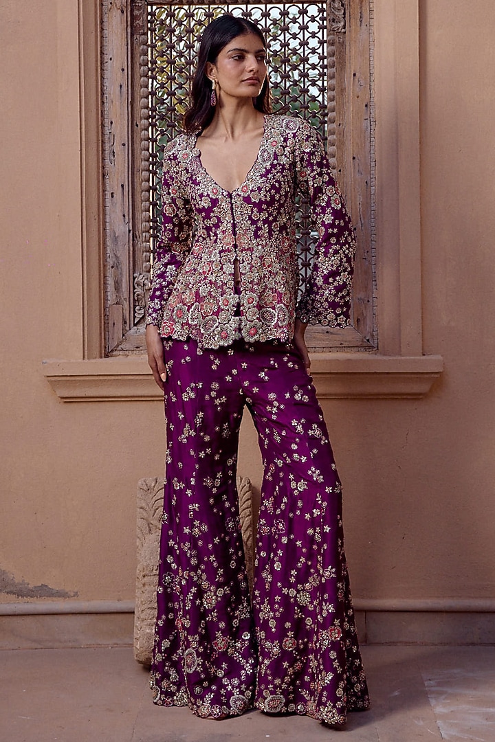 Aubergine Mulberry Silk Zardosi Embroidered Flared Pant Set by Osaa By Adarsh at Pernia's Pop Up Shop