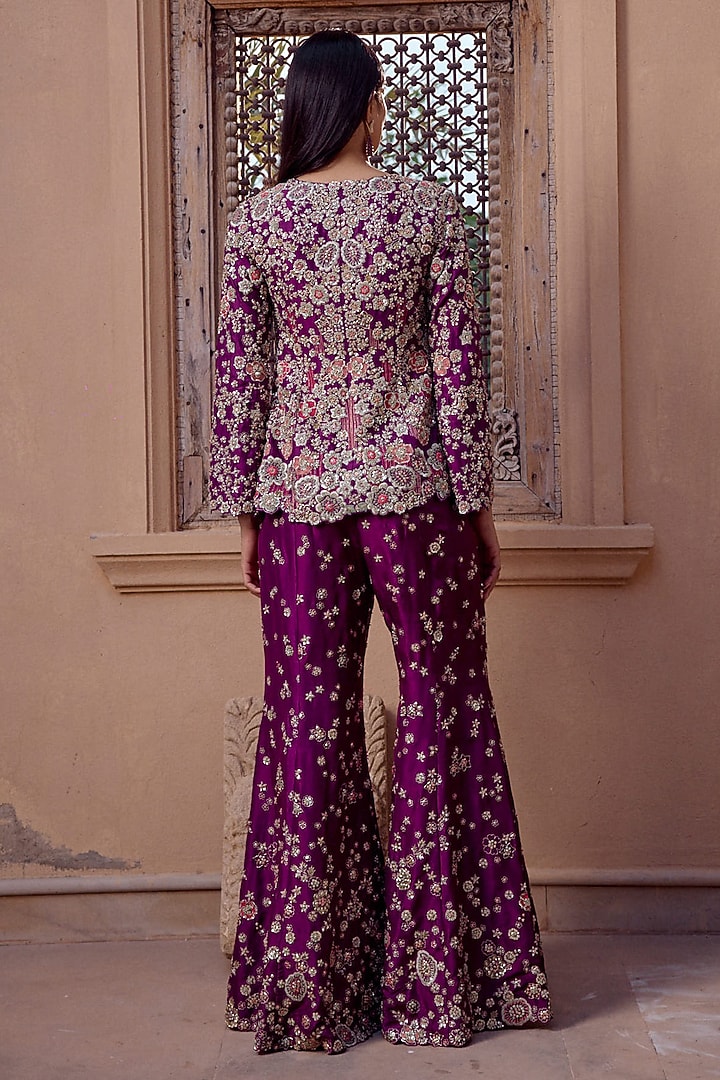 Aubergine Mulberry Silk Zardosi Embroidered Flared Pant Set by Osaa By Adarsh at Pernia's Pop Up Shop