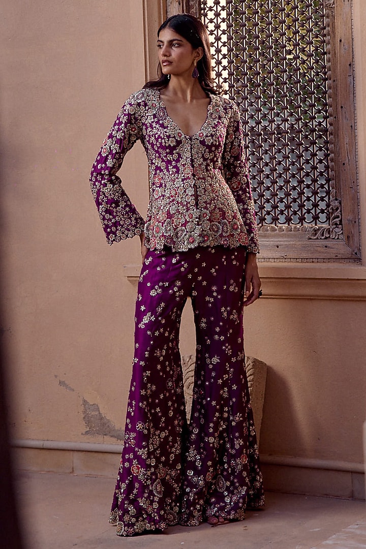Aubergine Mulberry Silk Zardosi Embroidered Flared Pant Set by Osaa By Adarsh at Pernia's Pop Up Shop