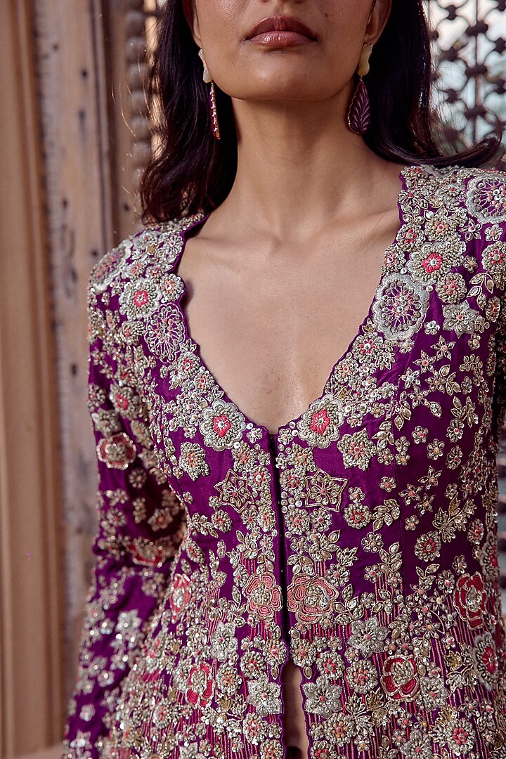Aubergine Mulberry Silk Zardosi Embroidered Flared Pant Set by Osaa By Adarsh at Pernia's Pop Up Shop