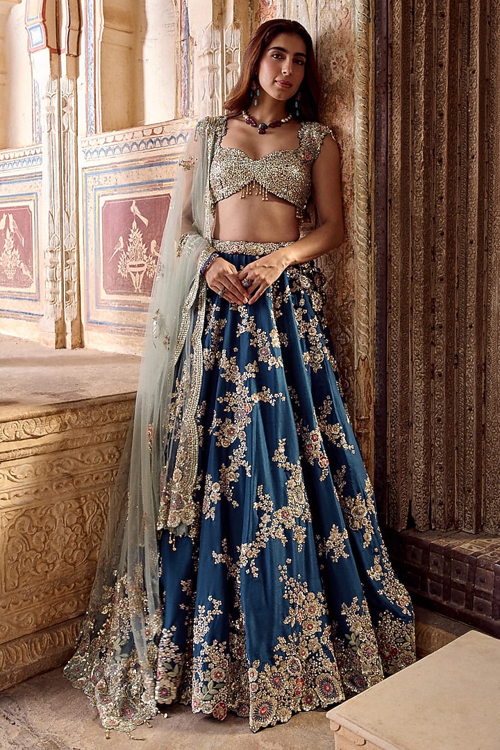 Midnight Blue Mulberry Silk Zardosi Embroidered Bridal Bridal Lehenga Set by Osaa By Adarsh at Pernia's Pop Up Shop