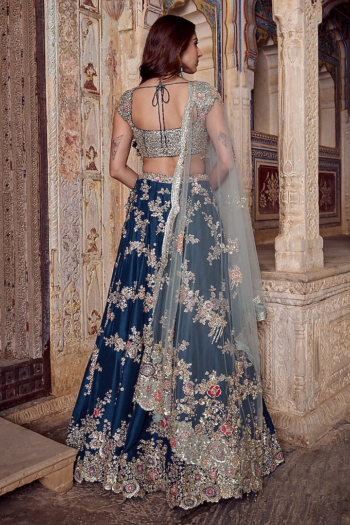 Midnight Blue Mulberry Silk Zardosi Embroidered Bridal Bridal Lehenga Set by Osaa By Adarsh at Pernia's Pop Up Shop