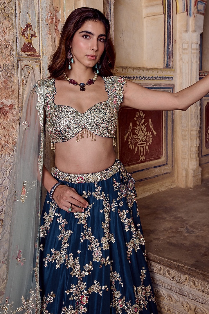 Midnight Blue Mulberry Silk Zardosi Embroidered Bridal Bridal Lehenga Set by Osaa By Adarsh at Pernia's Pop Up Shop