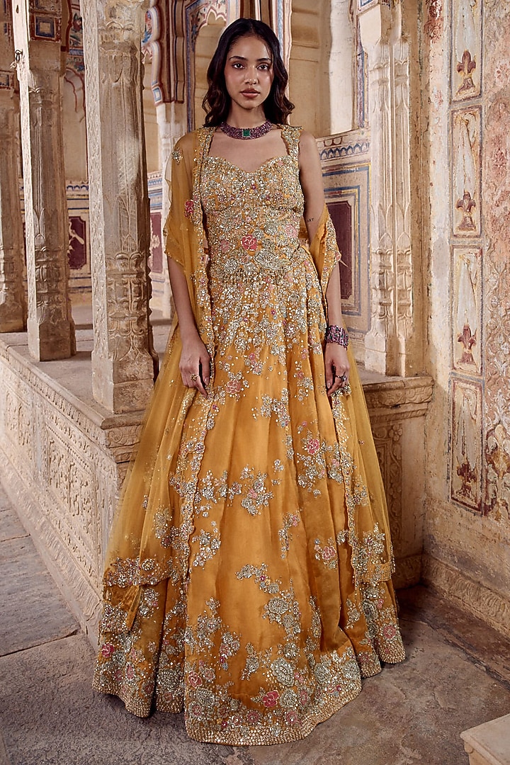 Honey Orange Organza Applique Embroidered Bridal Bridal Lehenga Set by Osaa By Adarsh at Pernia's Pop Up Shop