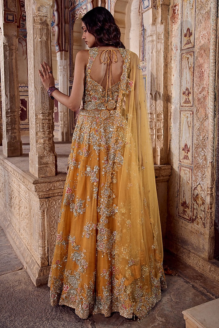 Honey Orange Organza Applique Embroidered Bridal Bridal Lehenga Set by Osaa By Adarsh at Pernia's Pop Up Shop