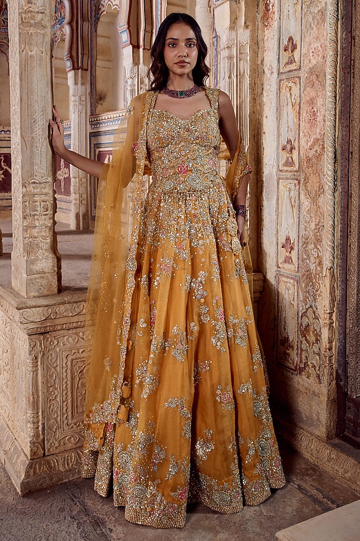 Honey Orange Organza Applique Embroidered Bridal Bridal Lehenga Set by Osaa By Adarsh at Pernia's Pop Up Shop
