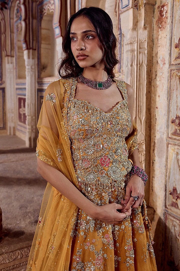 Honey Orange Organza Applique Embroidered Bridal Bridal Lehenga Set by Osaa By Adarsh at Pernia's Pop Up Shop