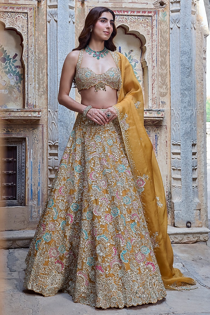 Honey Orange Organza Zardosi Embroidered Bridal Bridal Lehenga Set by Osaa By Adarsh at Pernia's Pop Up Shop