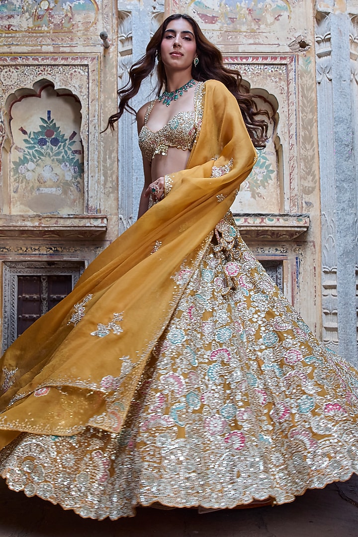 Honey Orange Organza Zardosi Embroidered Bridal Bridal Lehenga Set by Osaa By Adarsh at Pernia's Pop Up Shop
