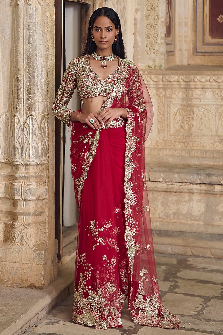 Deep Berry Red Tulle Zardosi Embroidered Reception Saree Set by Osaa By Adarsh at Pernia's Pop Up Shop