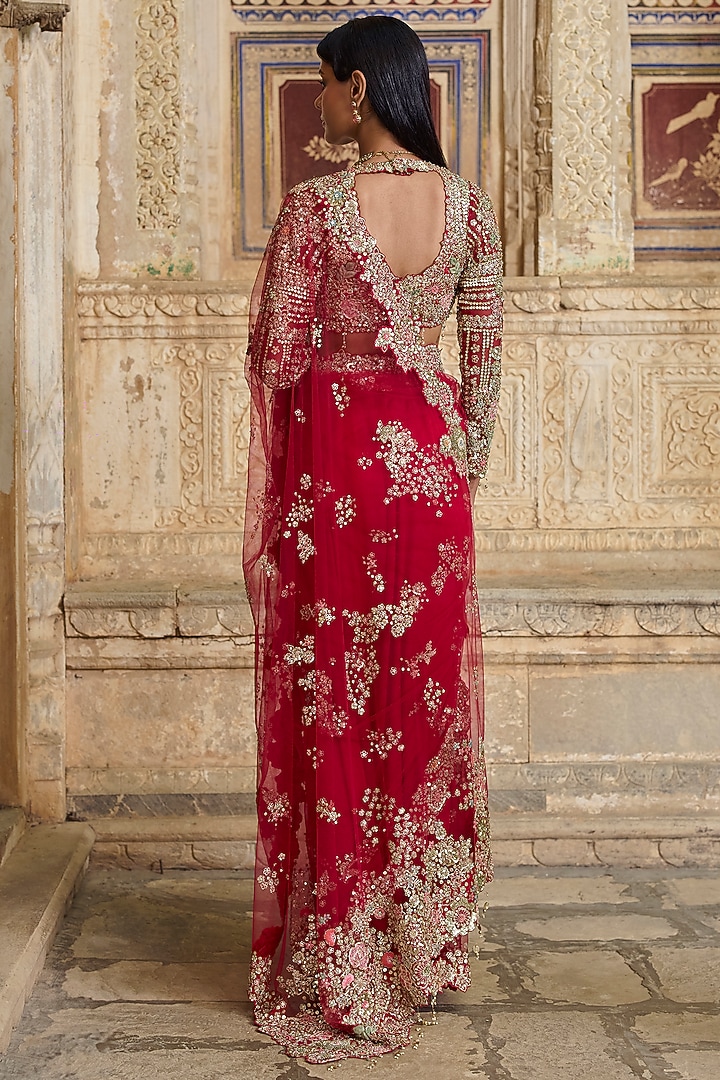 Deep Berry Red Tulle Zardosi Embroidered Reception Saree Set by Osaa By Adarsh at Pernia's Pop Up Shop