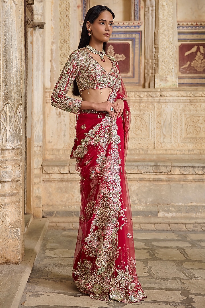 Deep Berry Red Tulle Zardosi Embroidered Reception Saree Set by Osaa By Adarsh at Pernia's Pop Up Shop