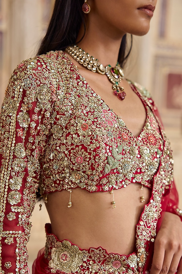 Deep Berry Red Tulle Zardosi Embroidered Reception Saree Set by Osaa By Adarsh at Pernia's Pop Up Shop