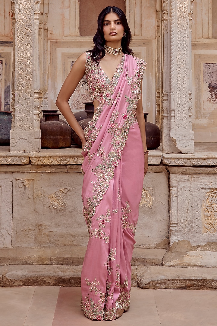 Lavender Blush Mulberry Silk Zardosi Embroidered Bridal Saree Set by Osaa By Adarsh at Pernia's Pop Up Shop