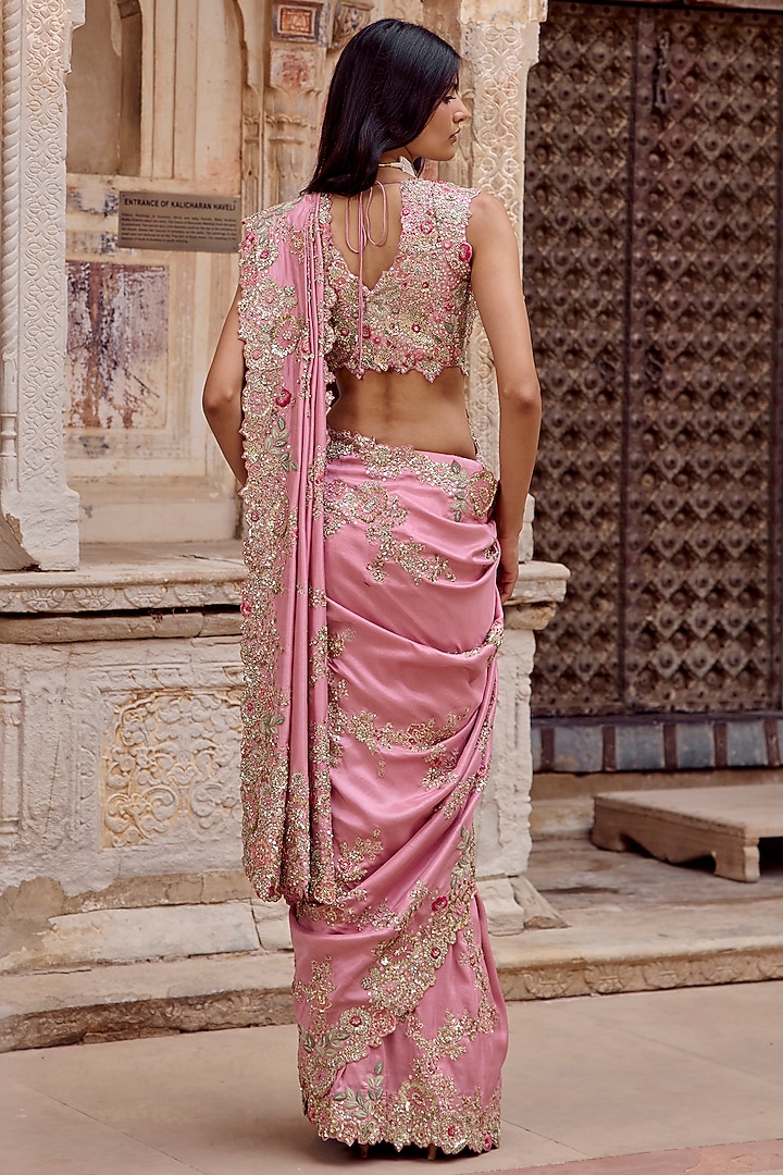 Lavender Blush Mulberry Silk Zardosi Embroidered Bridal Saree Set by Osaa By Adarsh at Pernia's Pop Up Shop