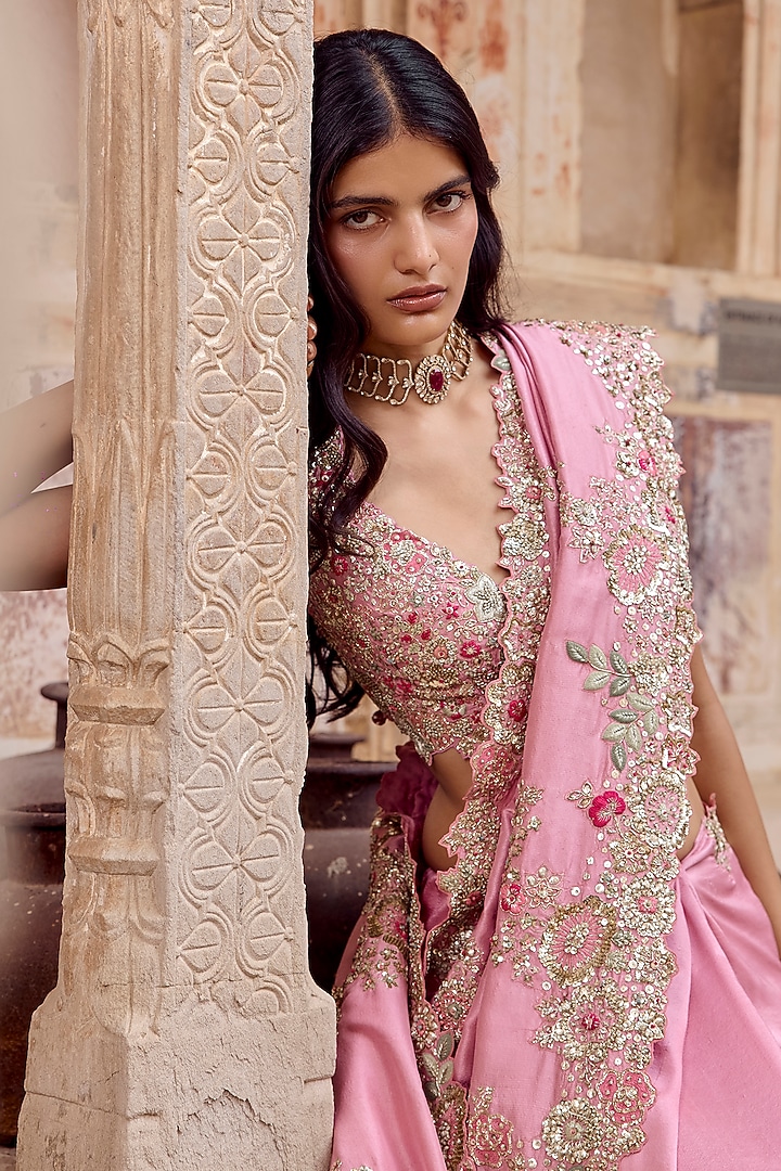 Lavender Blush Mulberry Silk Zardosi Embroidered Bridal Saree Set by Osaa By Adarsh at Pernia's Pop Up Shop
