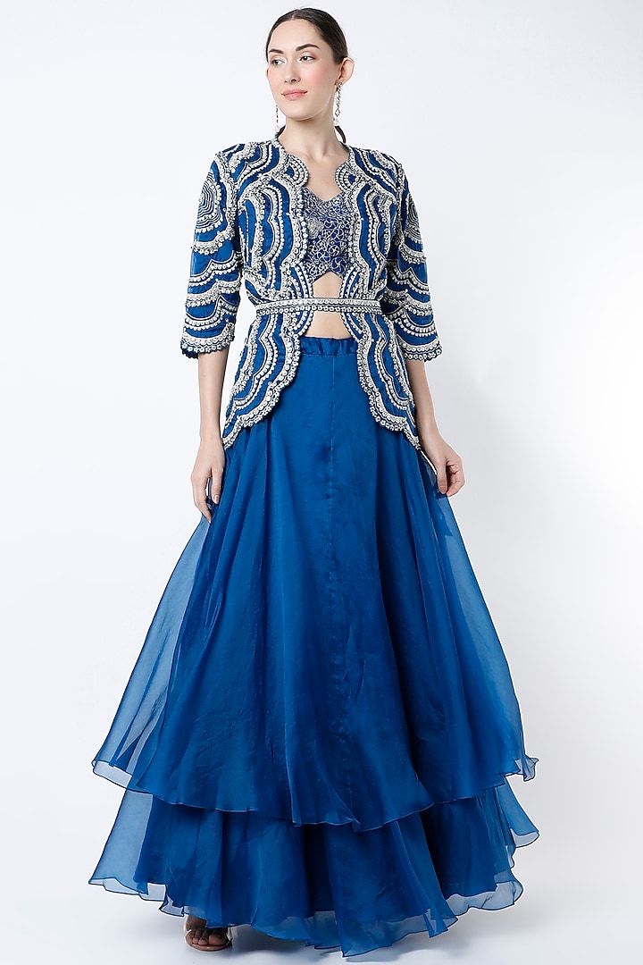 Jade Blue Embroidered Jacket Set by OSAA By Adarsh at Pernia's Pop Up Shop