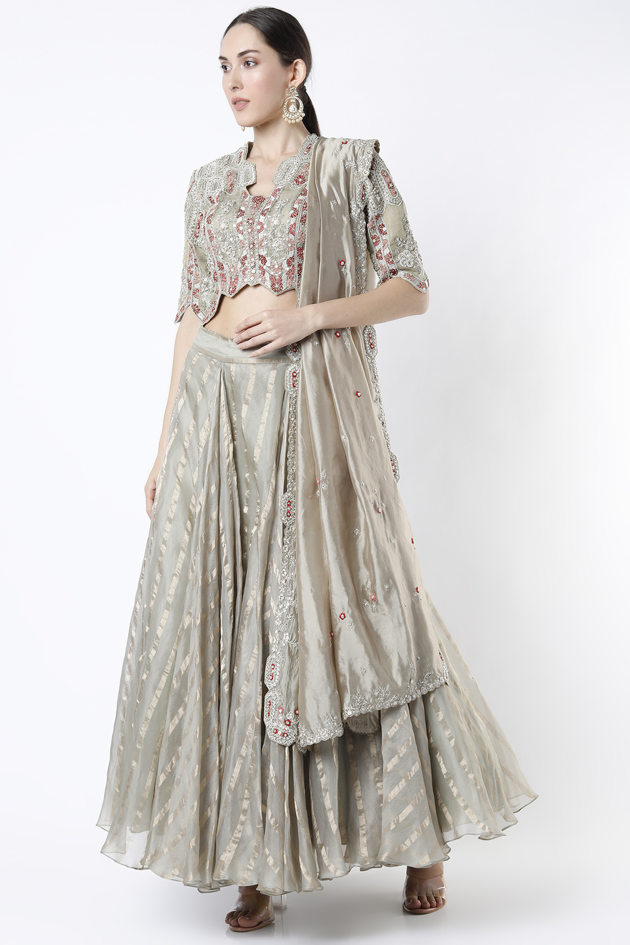 Grey Mulberry Silk Embroidered Wedding Lehenga Set by OSAA By Adarsh at Pernia's Pop Up Shop
