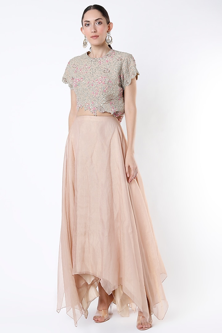 Sepia Rose Tissue Kora Skirt Set by OSAA By Adarsh