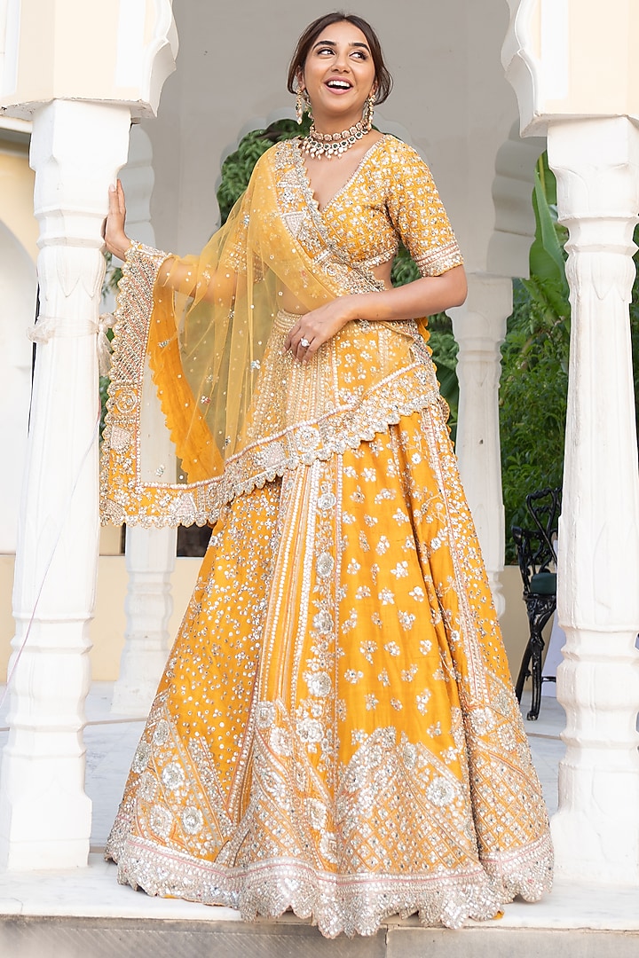 Orange Raw Silk Zardosi Embroidered Bridal Lehenga Set by OSAA By Adarsh at Pernia's Pop Up Shop