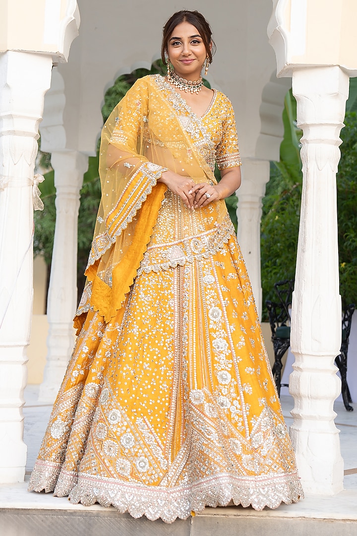 Orange Raw Silk Zardosi Embroidered Bridal Lehenga Set by OSAA By Adarsh at Pernia's Pop Up Shop