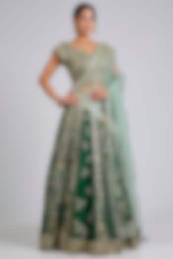 Jewel Green Mulberry Silk Bridal Lehenga Set by Osaa By Adarsh at Pernia's Pop Up Shop