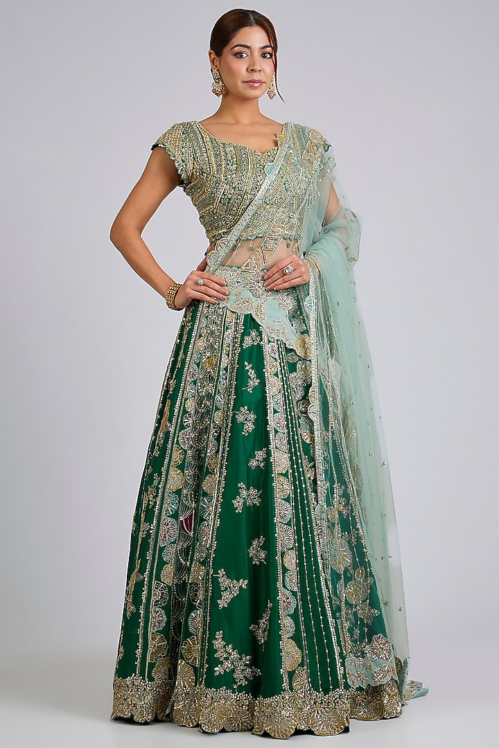 Jewel Green Mulberry Silk Bridal Lehenga Set by Osaa By Adarsh at Pernia's Pop Up Shop