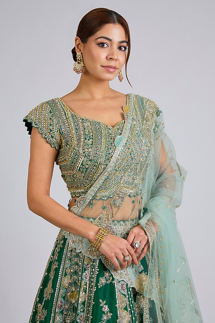 Jewel Green Mulberry Silk Bridal Lehenga Set by Osaa By Adarsh at Pernia's Pop Up Shop