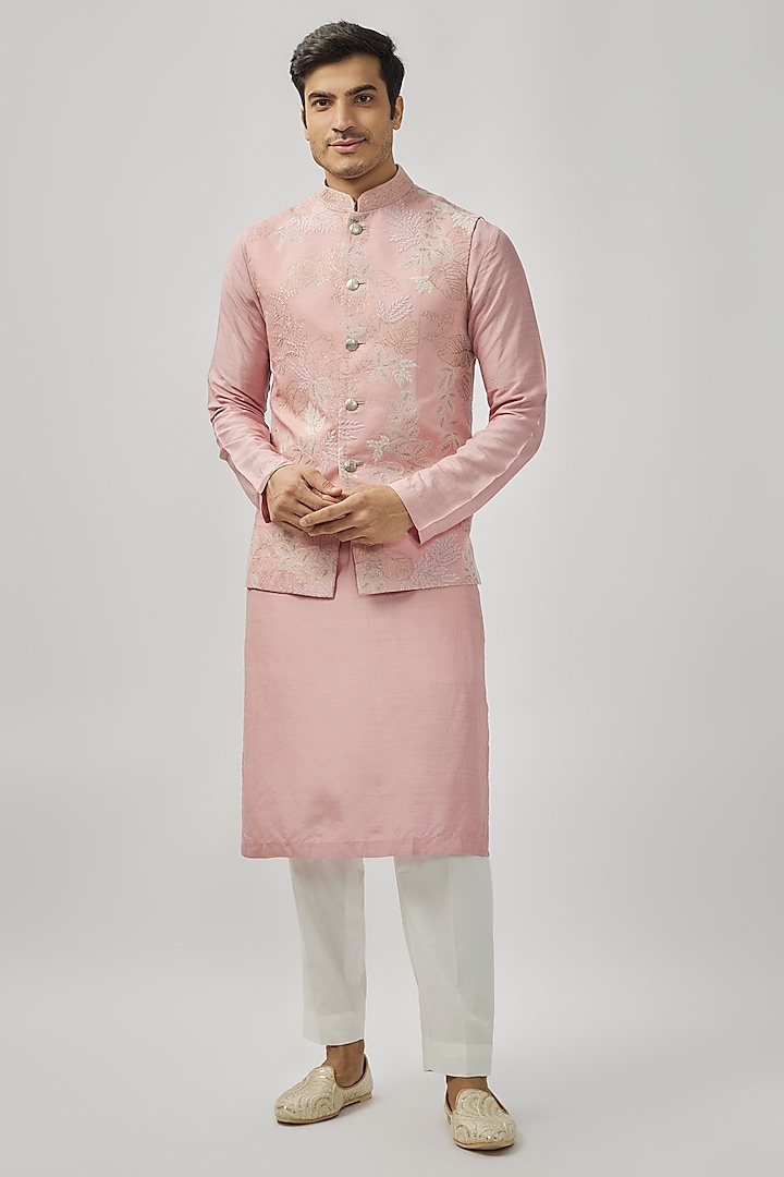 Flamingo Pink Mushroom Satin Zardosi & Aari Embroidered Nehru Jacket Set by OSAA By Adarsh Men at Pernia's Pop Up Shop