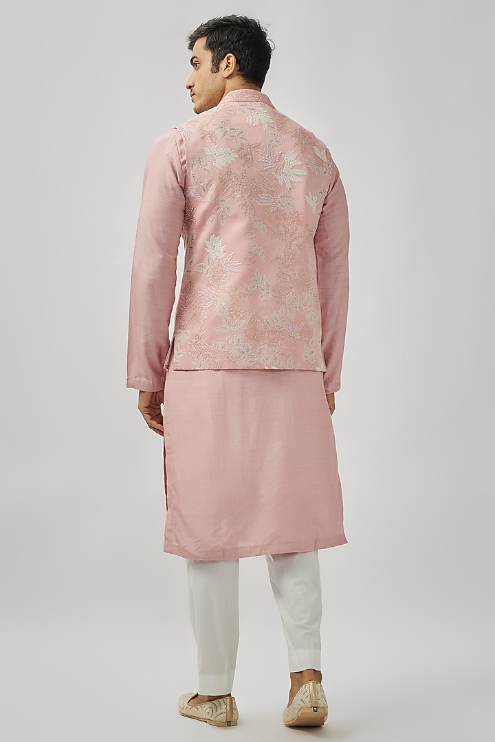 Flamingo Pink Mushroom Satin Zardosi & Aari Embroidered Nehru Jacket Set by OSAA By Adarsh Men at Pernia's Pop Up Shop