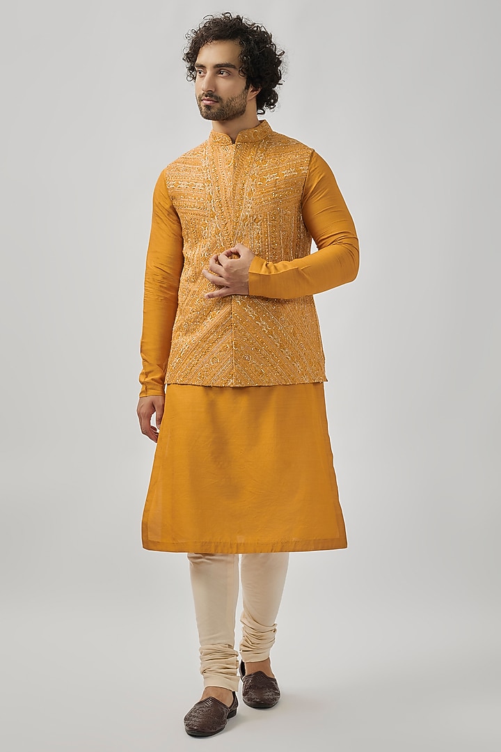 Orange Raw Silk Zardosi & Aari Embroidered Nehru Jacket Set by OSAA By Adarsh Men at Pernia's Pop Up Shop