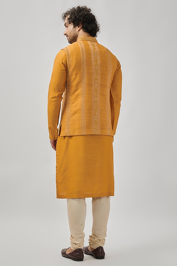 Orange Raw Silk Zardosi & Aari Embroidered Nehru Jacket Set by OSAA By Adarsh Men at Pernia's Pop Up Shop