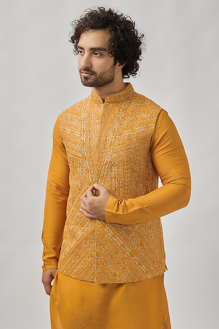 Orange Raw Silk Zardosi & Aari Embroidered Nehru Jacket Set by OSAA By Adarsh Men at Pernia's Pop Up Shop