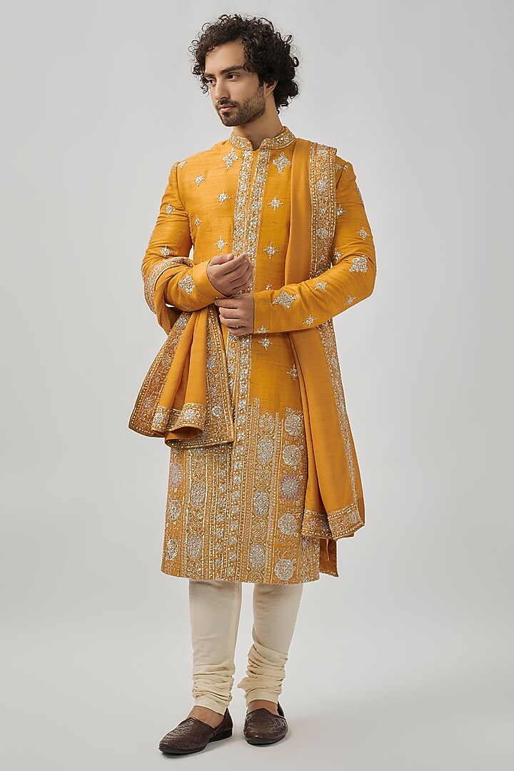 Orange Raw Silk Zardosi & Aari Embroidered Groom Sherwani Set by OSAA By Adarsh Men at Pernia's Pop Up Shop