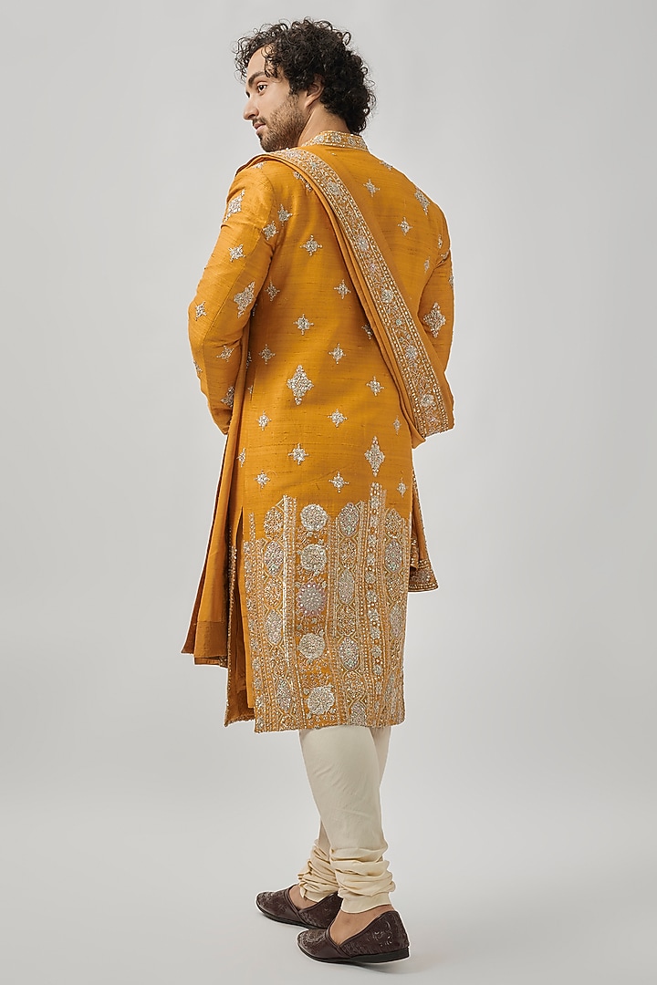 Orange Raw Silk Zardosi & Aari Embroidered Groom Sherwani Set by OSAA By Adarsh Men at Pernia's Pop Up Shop