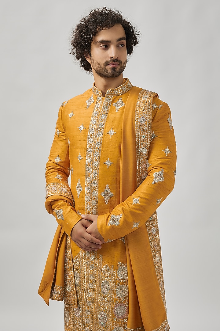 Orange Raw Silk Zardosi & Aari Embroidered Groom Sherwani Set by OSAA By Adarsh Men at Pernia's Pop Up Shop