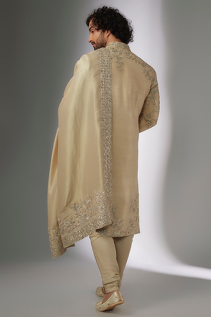 Beige Champagne Raw Silk Zardosi Hand Embroidered Groom Sherwani Set by OSAA By Adarsh Men at Pernia's Pop Up Shop