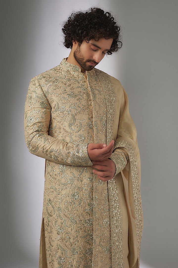 Beige Champagne Raw Silk Zardosi Hand Embroidered Groom Sherwani Set by OSAA By Adarsh Men at Pernia's Pop Up Shop