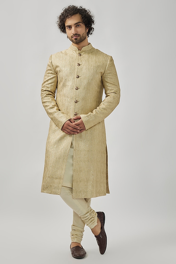 Beige Georgette Badla Embroidered Groom Sherwani Set by OSAA By Adarsh Men at Pernia's Pop Up Shop