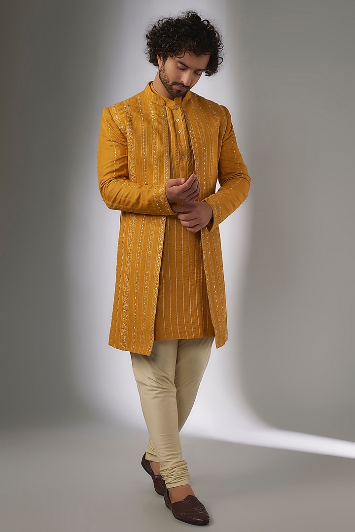 Orange Muga Silk Zardosi & Aari Hand Embroidered Indo-Western Jacket by OSAA By Adarsh Men at Pernia's Pop Up Shop